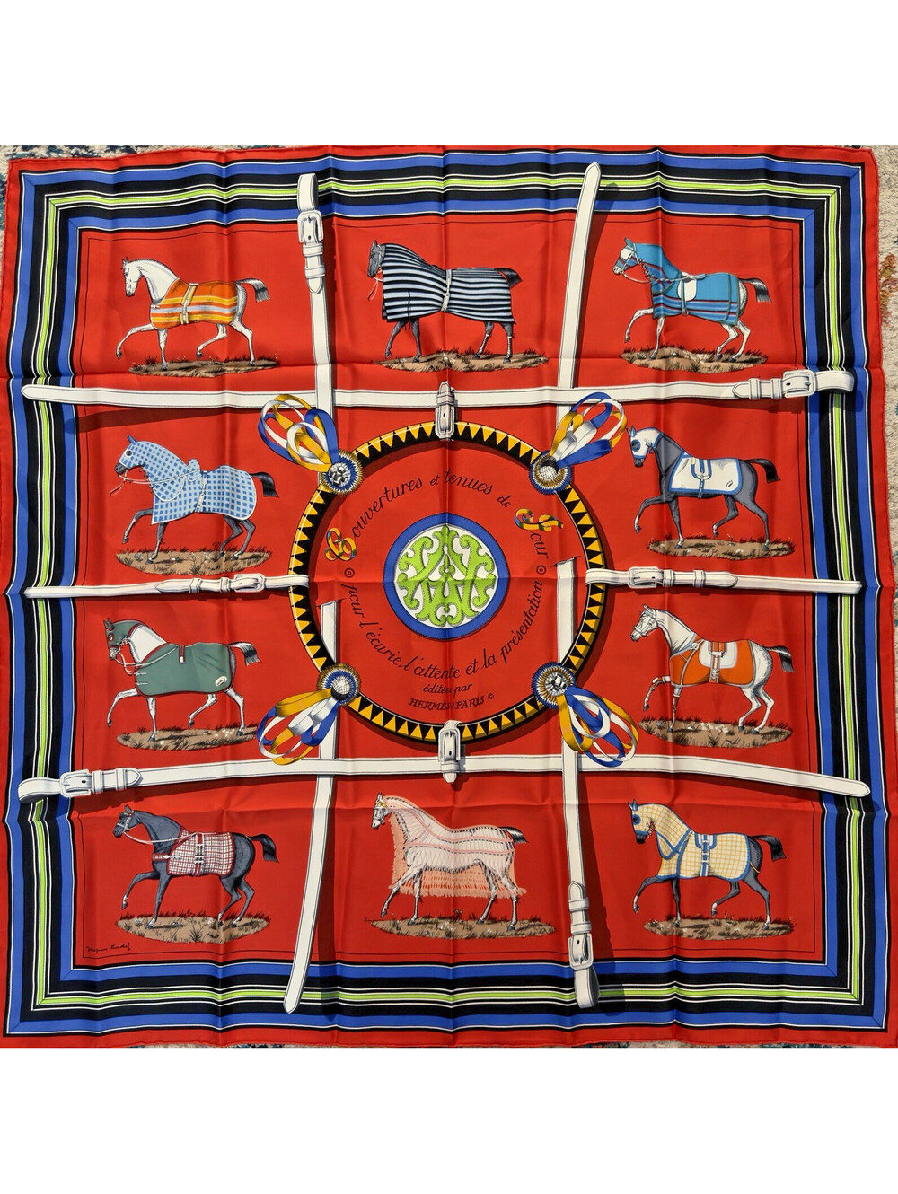 Hermès Couvertures et Tenues de Jour Scarf Silk Red Equestrian Horse Print